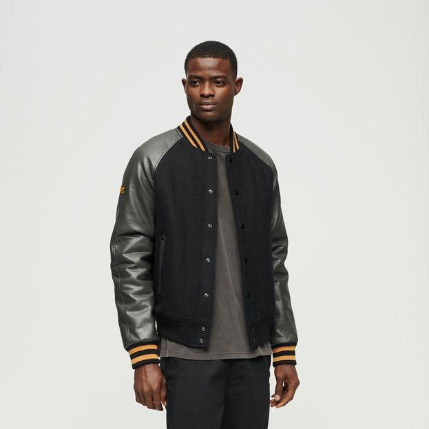 Men's Bomber Varsity Leather Jacket in Black