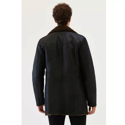 Men's Dark Brown Fur Shearling Leather Coat in Black