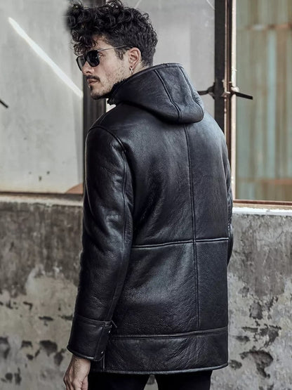 Men's Black Fur Shearling Leather Coat with Hood