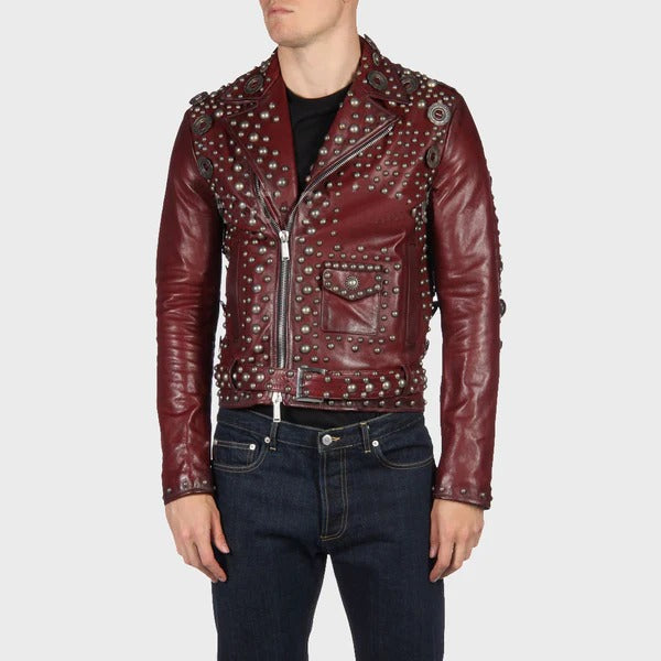 Men’s Designer Studded Red Leather Motorcycle Jacket