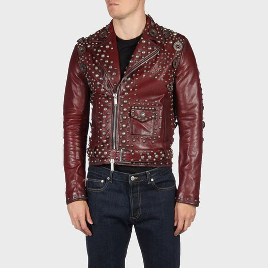Men’s Designer Studded Red Leather Motorcycle Jacket