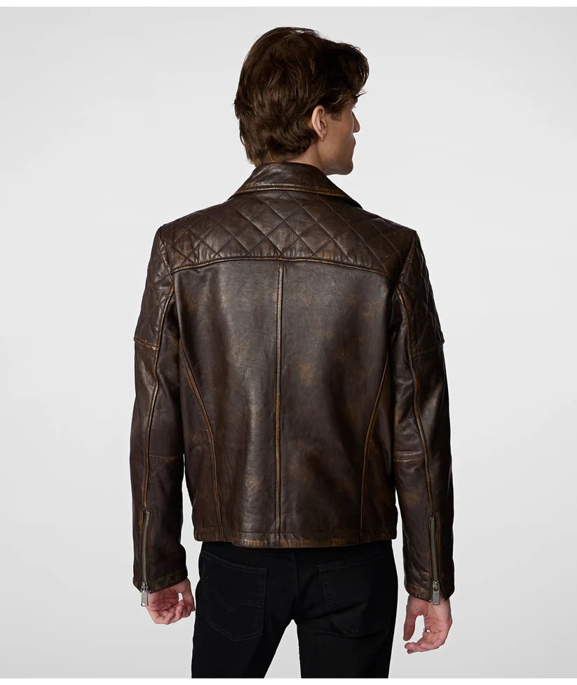 Men's Distressed Biker Leather Jacket in Dark Brown Rugged Style Meets Vintage Charm