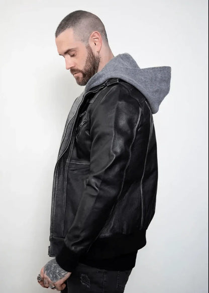 Men's Distressed Bomber Leather Jacket in Black Rugged Sophistication