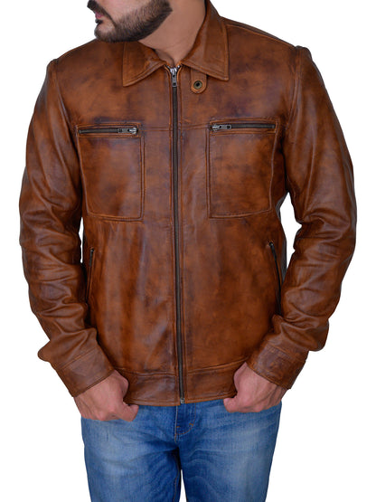 Premium Avanzar Men’s Distressed Brown Leather Jacket