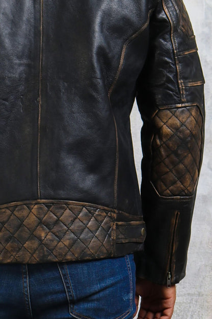 Men's Distressed Motorcycle Leather Jacket in Black