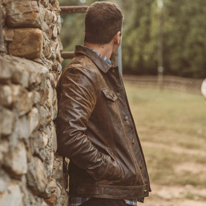 Men's Distressed Trucker Leather Jacket in Dark Brown