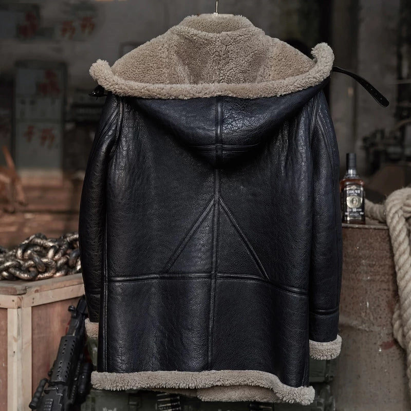 Men's Black Double-Sided B7 Gray Fur Shearling Leather Coat with Removable Hood