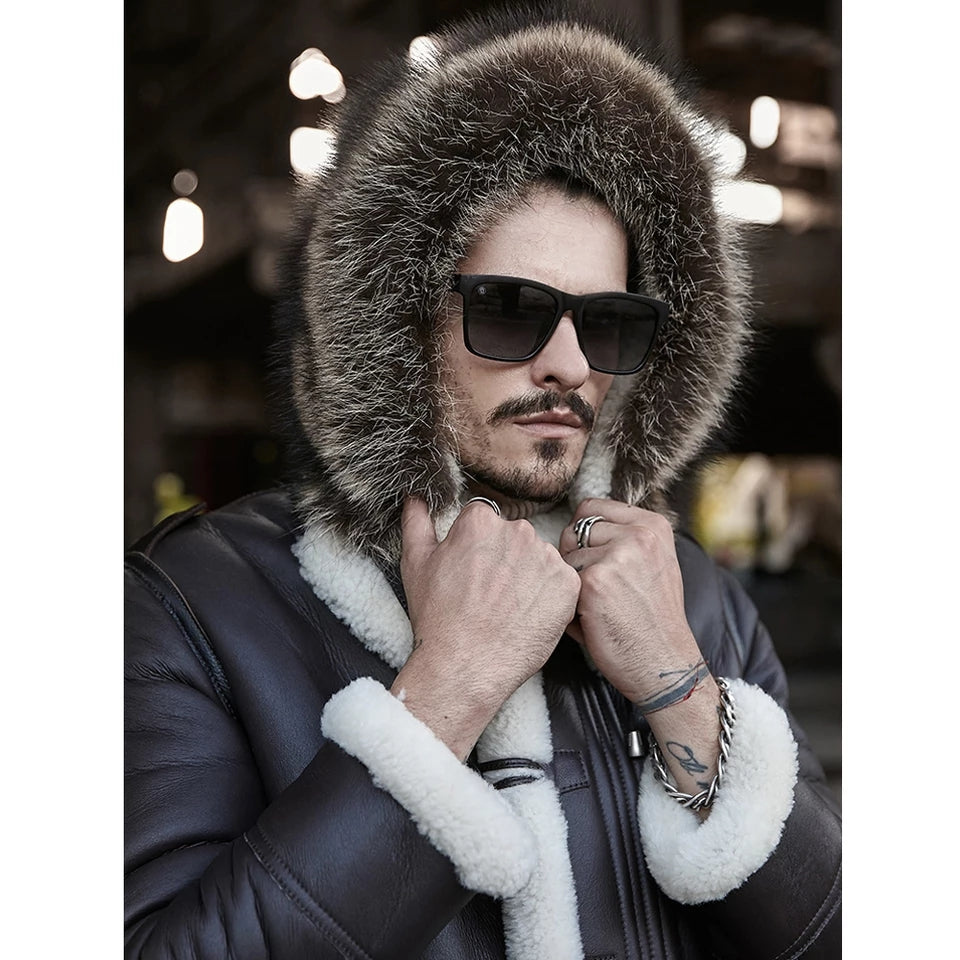 Men's Double Sided Shearling Fur Leather Coat In Dark Brown With Removable Hood