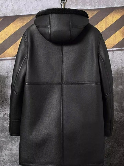 Men's Double-Sided Shearling Leather Coat in Black with Hood