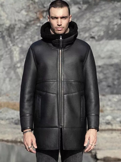 Men's Double-Sided Shearling Leather Coat in Black with Hood