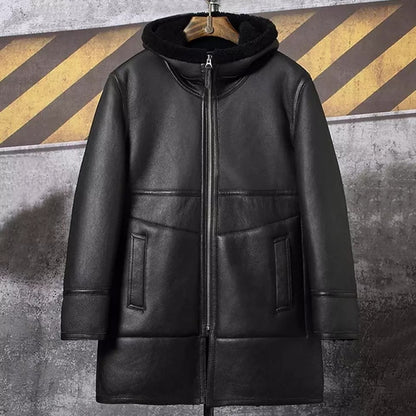 Men's Double-Sided Shearling Leather Coat in Black with Hood