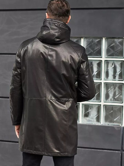 Men's Black Fur Sheepskin Leather Coat with Hood