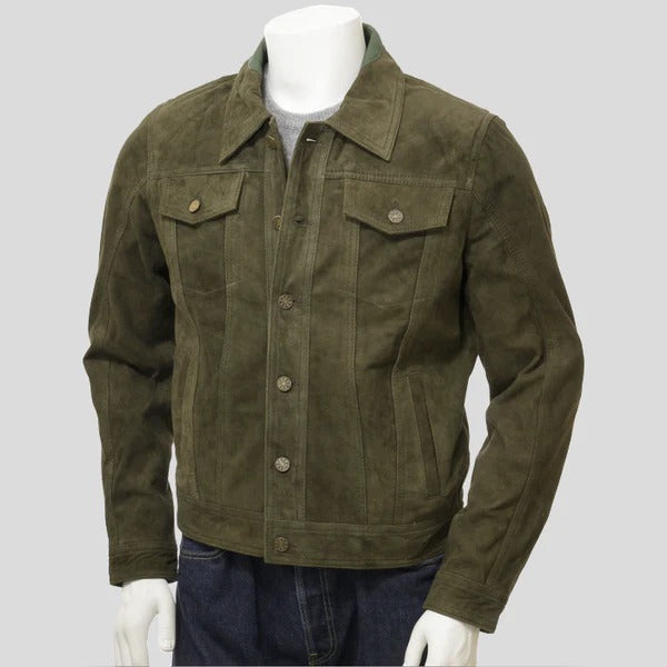 Men’s Green Suede Leather Trucker Jacket – Stylish & Durable Avanzar Leather