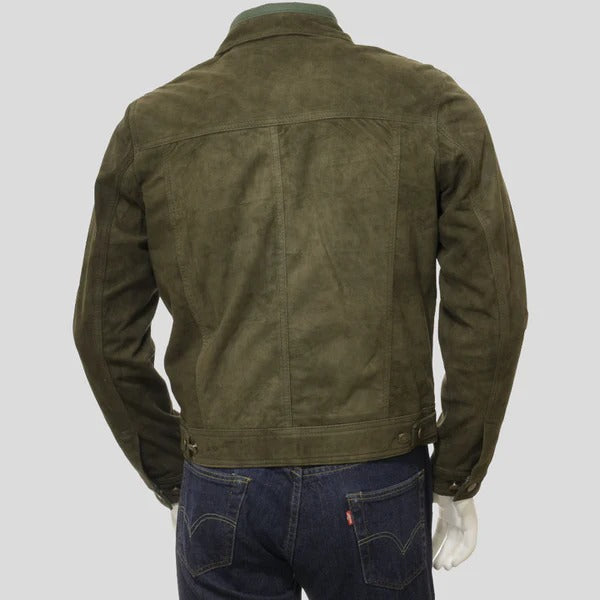 Men’s Green Suede Leather Trucker Jacket – Stylish & Durable Avanzar Leather