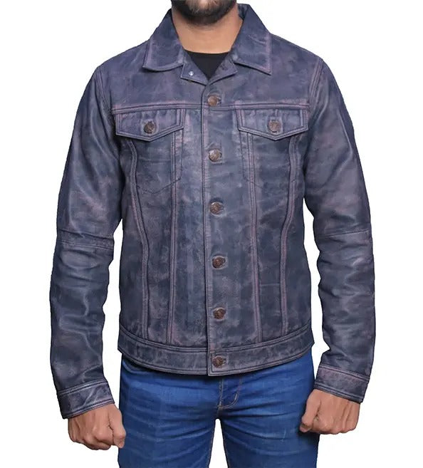 Men’s Light Blue Distressed Trucker Leather Jacket