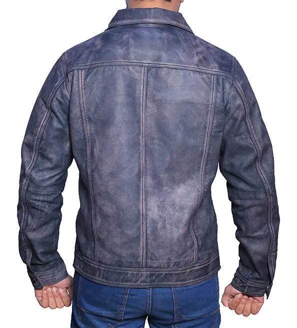 Men’s Light Blue Distressed Trucker Leather Jacket
