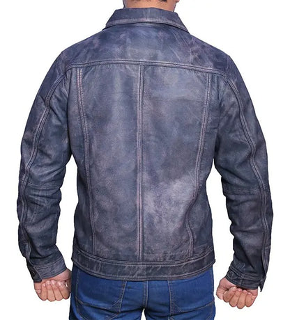 Men’s Light Blue Distressed Trucker Leather Jacket