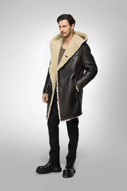 Men's Black Hooded Sheepskin Shearling Leather Coat