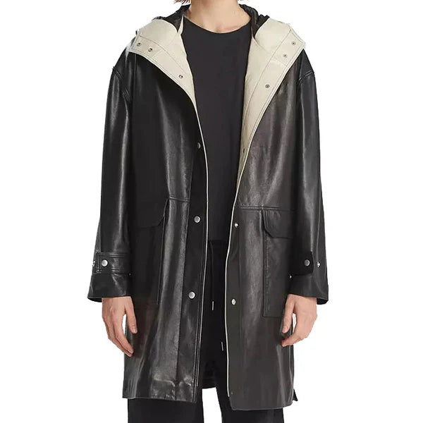 Men’s Black Hooded Leather Trench Coat