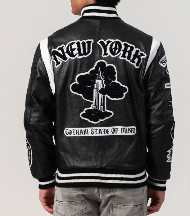 New York Limited Edition Letterman Bomber Leather Jacket in Black