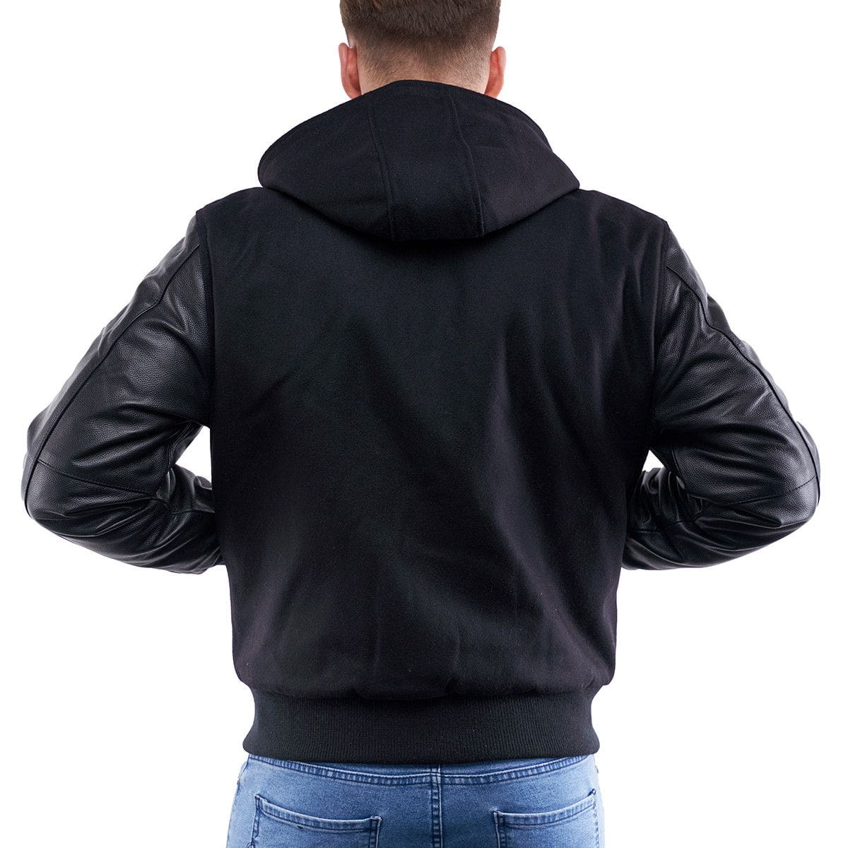 Men's Letterman Varsity Leather Jacket in Black with Hood