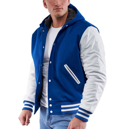 Men's Letterman Varsity Leather Jacket in Blue with Hood