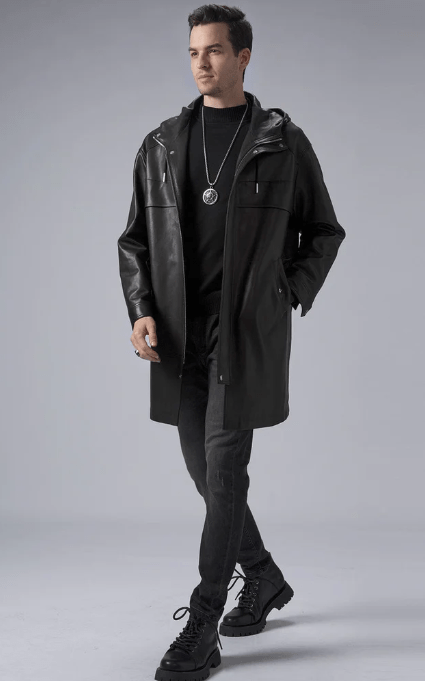 Men's Black Mid-Length Leather Coat with Hood