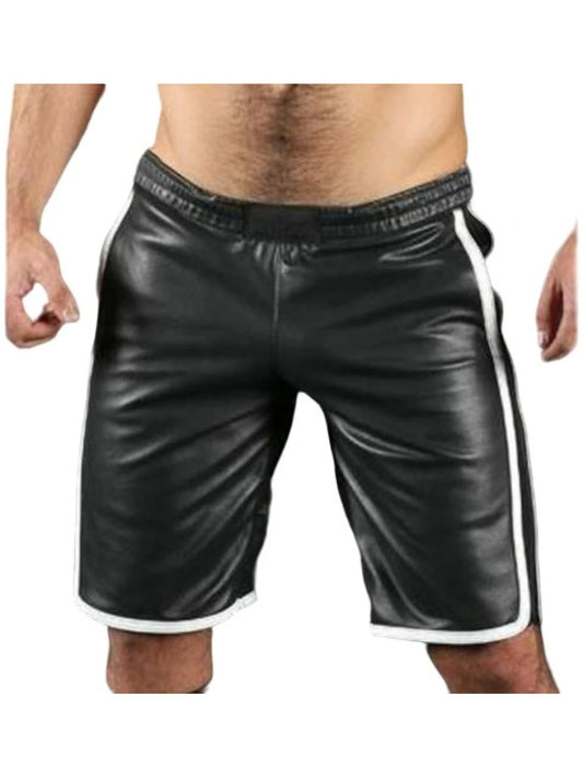 Men’s Black Lambskin Leather Basketball Shorts with White Stripes