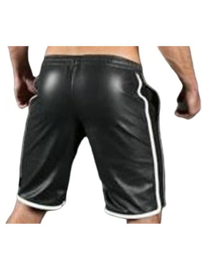 Men’s Black Lambskin Leather Basketball Shorts with White Stripes