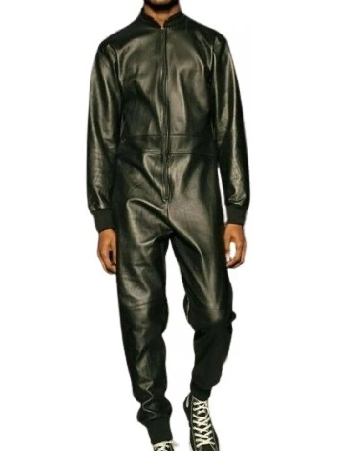 Avanzar Leather Men's Ribbed Collar Real Sheepskin Black Leather Jumpsuit