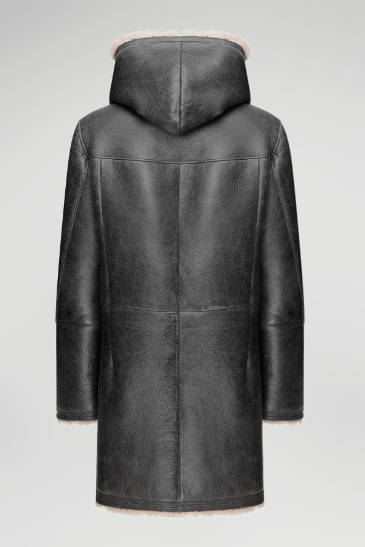 Men's Black Shearling Fur Leather Coat with Hood