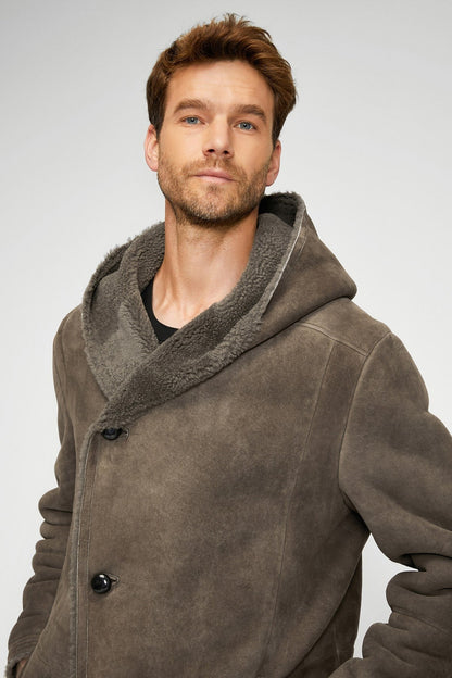 Men's Gray Sheepskin Leather Coat with Hood