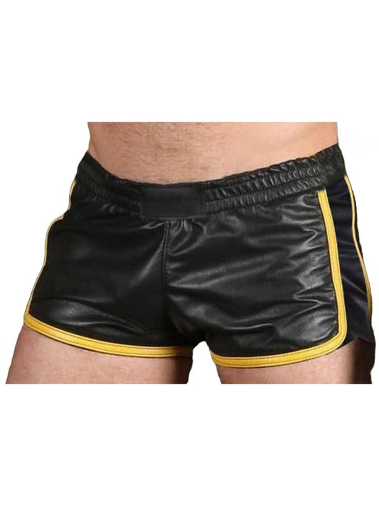 Men’s Black Sheepskin Leather Gym Shorts with Yellow Stripes