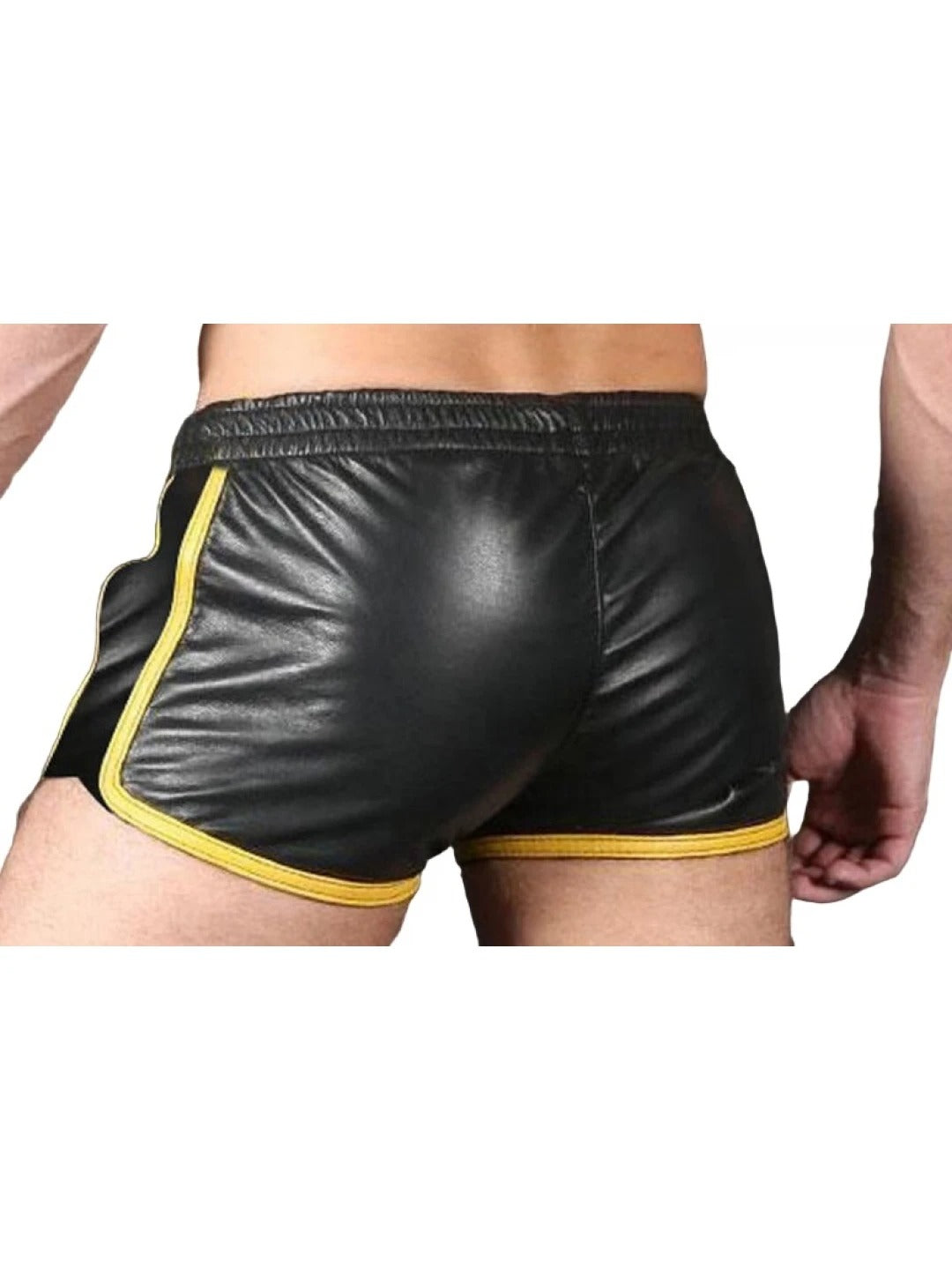 Men’s Black Sheepskin Leather Gym Shorts with Yellow Stripes