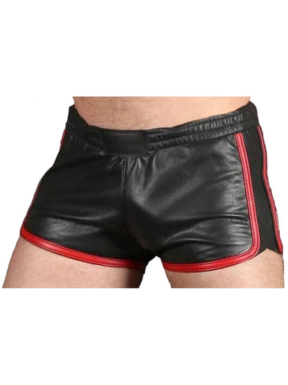 Men’s Black Sheepskin Leather Gym Shorts with Red Stripes