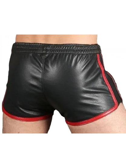 Men’s Black Sheepskin Leather Gym Shorts with Red Stripes