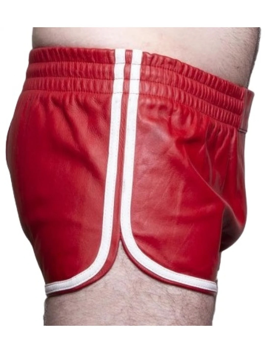 Men’s Red Sheepskin Leather Gym Shorts with White Stripes