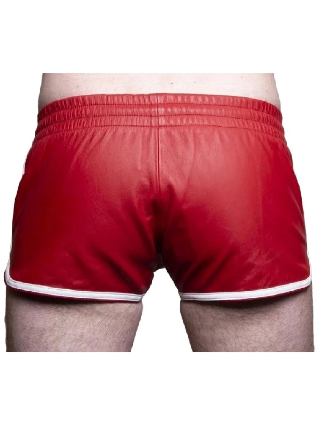 Men’s Red Sheepskin Leather Gym Shorts with White Stripes