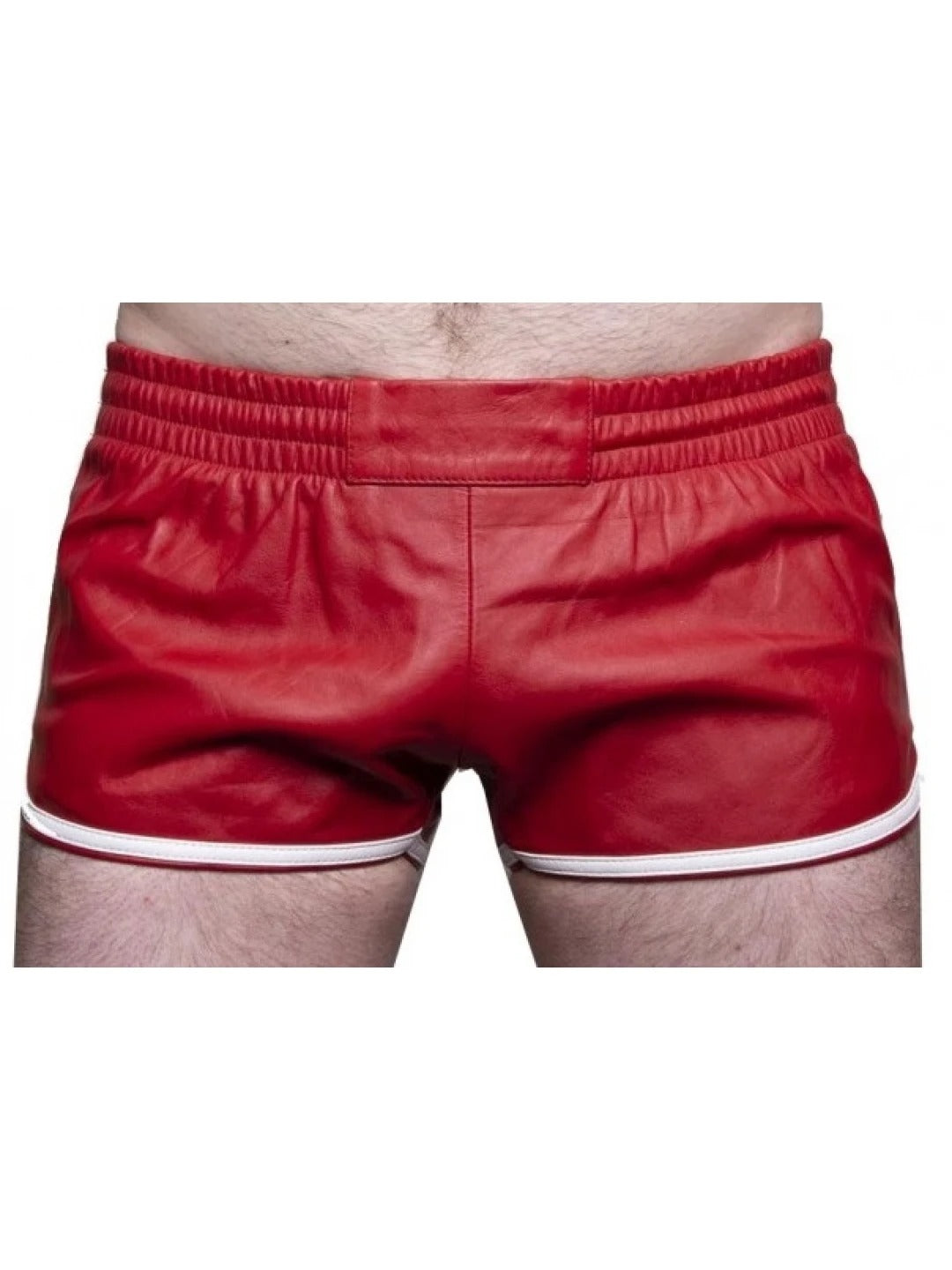 Men’s Red Sheepskin Leather Gym Shorts with White Stripes