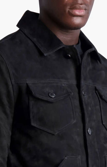 Men's Premium Black Suede Leather Trucker Jacket by Avanzar Leather