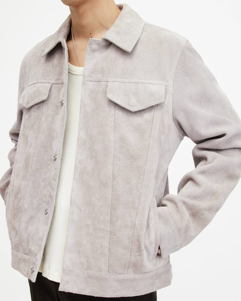 Men's White Gray Suede Leather Trucker Jacket