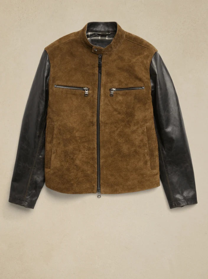 Men's Brown Suede Varsity Motorcycle Leather Jacket Iconic Style