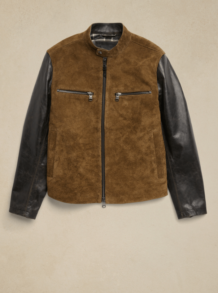 Men's Premium Brown Suede Varsity Motorcycle Leather Jacket by Avanzar Leather