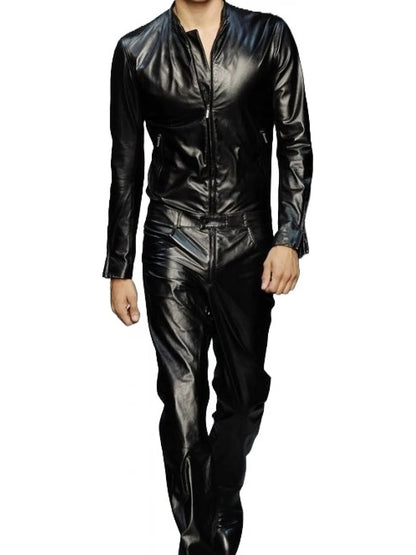 Avanzar Leather Men's Trendy Real Sheepskin Black Leather Jumpsuit