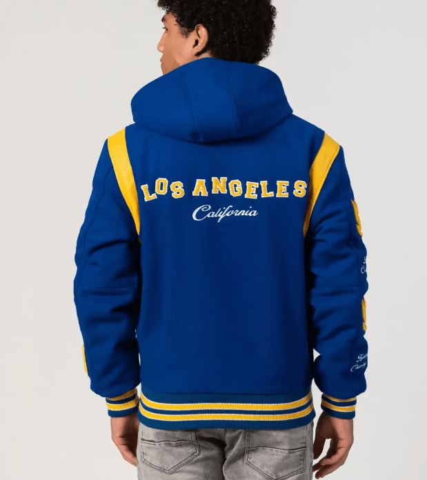 Los Angeles Limited Edition Varsity Bomber Jacket in Blue with Hood