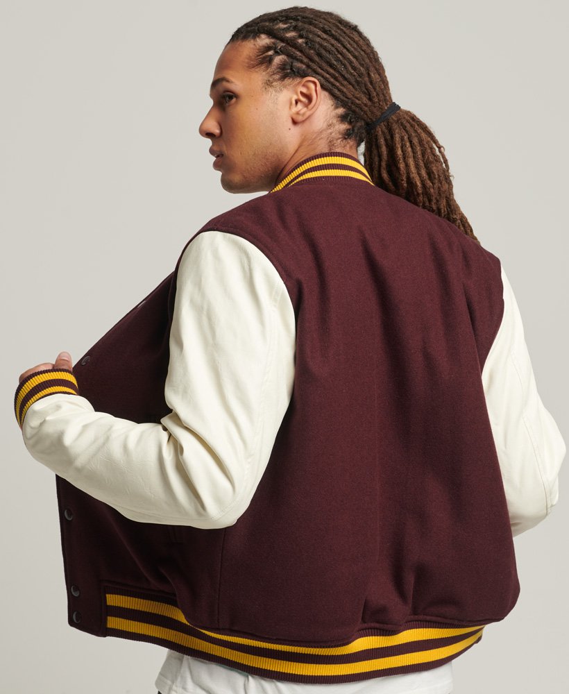 Men's Varsity Leather Jacket in Dark Brown & White Sleeves