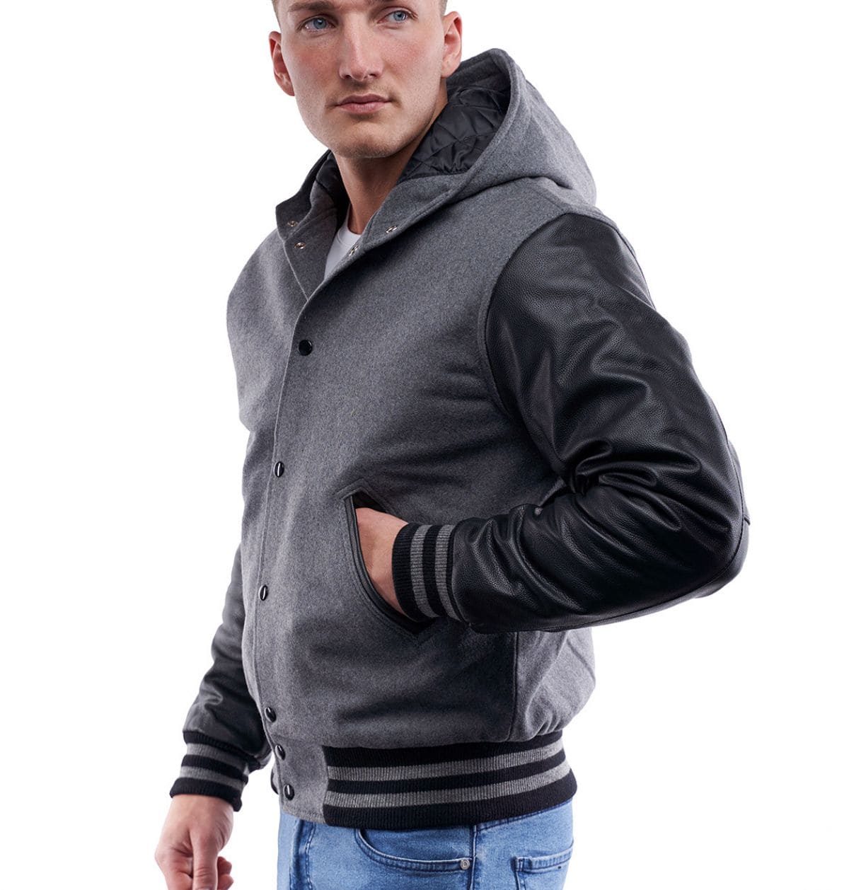 Men's Varsity Leather Jacket in Gray with Hood