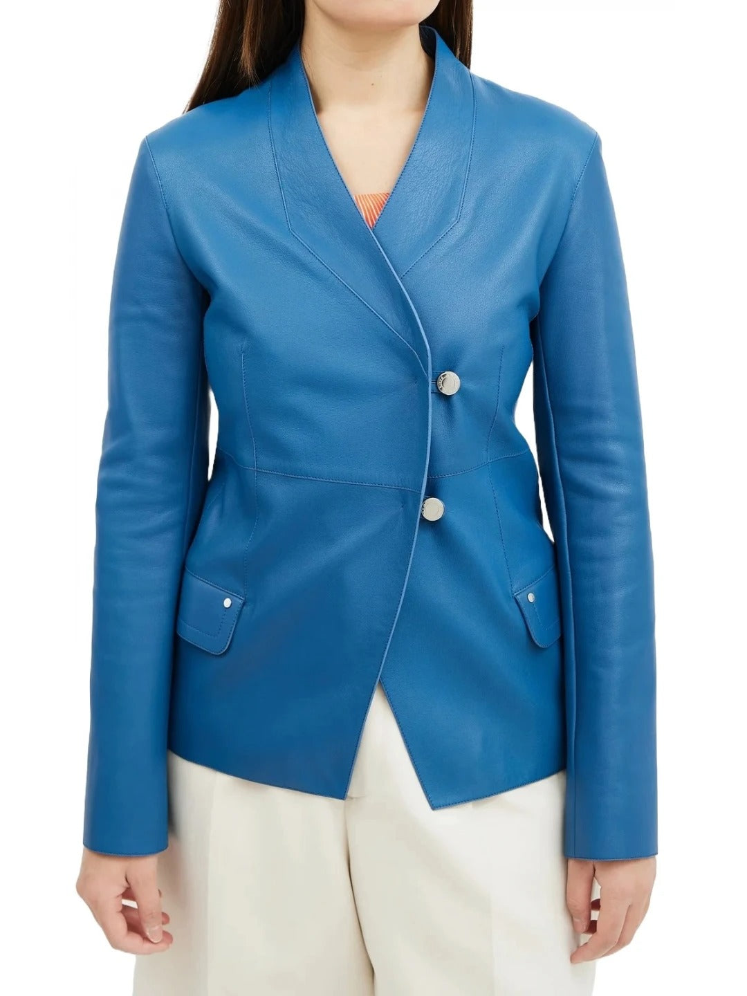 Women’s Metal Buttons Blue Leather Blazer Bold & Chic Outerwear