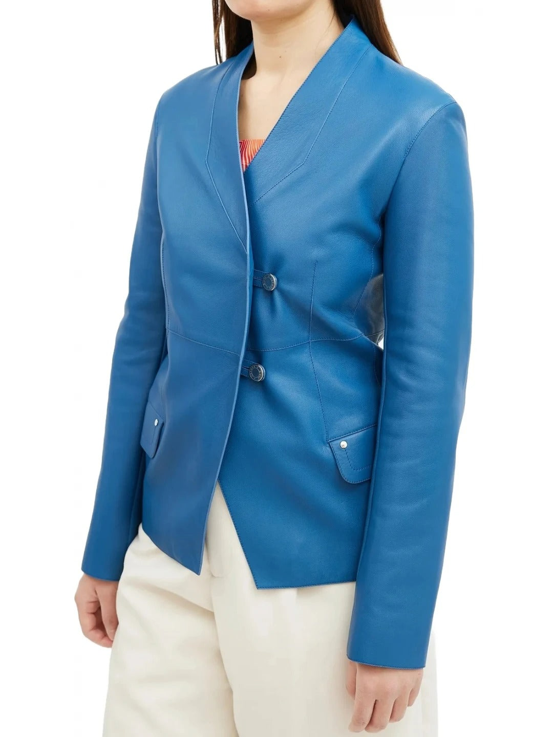 Women’s Metal Buttons Blue Leather Blazer Bold & Chic Outerwear