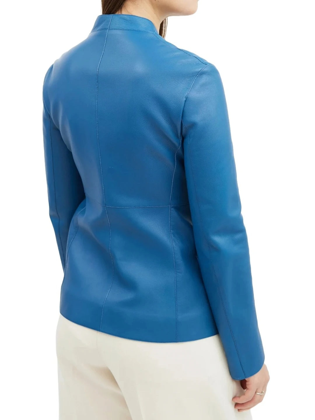 Women’s Metal Buttons Blue Leather Blazer Bold & Chic Outerwear